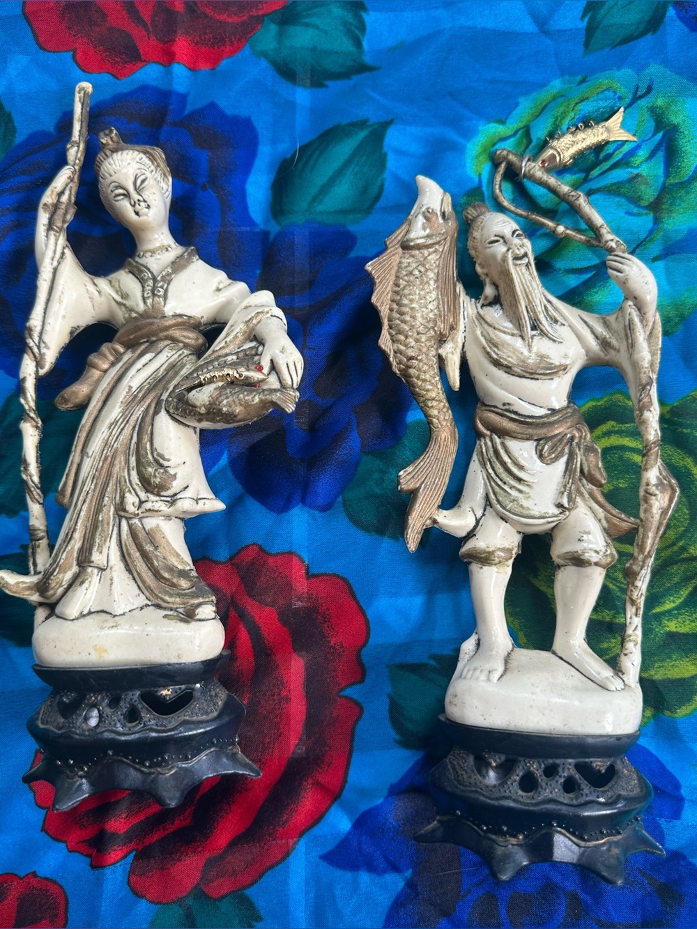 Decorative Ivory Figurine Set - Asian Fisherman & Woman